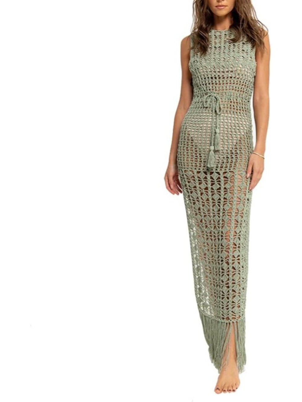 Women's Green Sleeveless Boho Crochet Fringe Maxi Side Slit Swimsuit Cover UPS